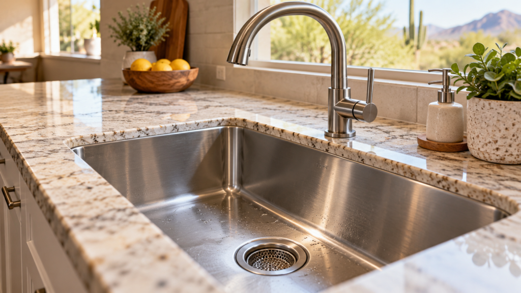 Stainless steel kitchen sink with a mesh drain strainer and curved faucet.
