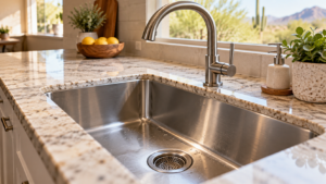 Stainless steel kitchen sink with a mesh drain strainer and curved faucet.